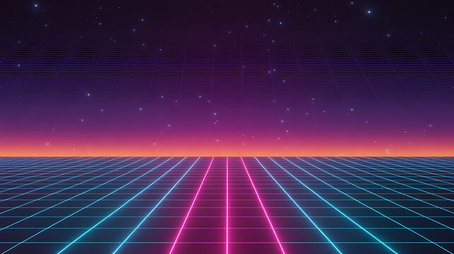 Retro futuristic grid landscape synthwave style background with neon lights vector illustration for