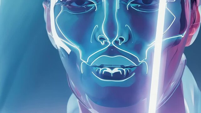 A futuristic face, outlined in neon, with a sleek, translucent visor