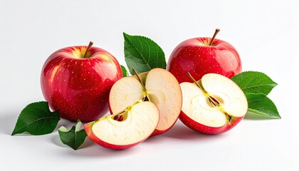 Two whole red apples and two halves with green leaves on a white background a healthy natural fruit with water droplets