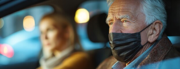 Elderly man wearing a face mask sitting in a car with female driver  