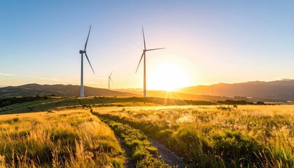 Two Wind Turbines Standing In A Golden Field At Sunrise With Rolling Hills In The Background And A Dirt Path Leading Towards Them