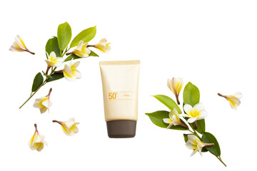 sunscreen spf50 health care for skin face of lifestyle woman with flower frangipani arrangement flat lay style 