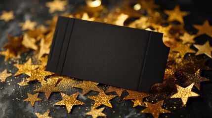 Merry christmas concept with black blank ticket on sparkling glitter texture background featuring golden shiny stars, holiday greeting card, template, banner, or label for festive wishes and seasonal