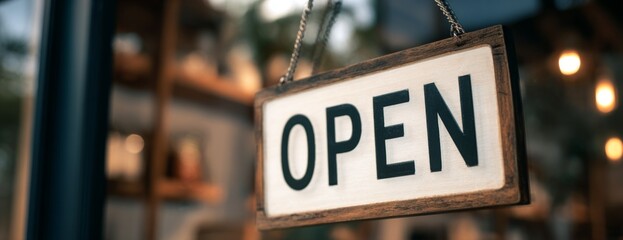 Wooden open sign hanging at restaurant entrance with blurred background  