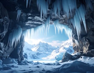 Cave entrance framing a snow-covered mountain landscape with icicles
