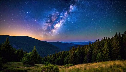 Vast Milky Way Galaxy Arches Over a Dark Forested Mountain Landscape Under a Starry Night Sky with Blue and Purple Hues and Distant City Lights