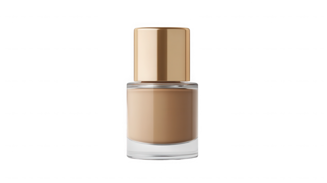 A close up studio shot of a bottle of beige foundation with a gold cap on a black background on transparent background