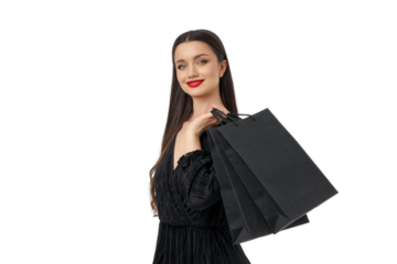 Happy shopper with bags after Black Friday deals, isolated, PNG