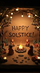 Happy Solstice Celebration with Gnomes Around a Campfire in a Magical Forest Setting.