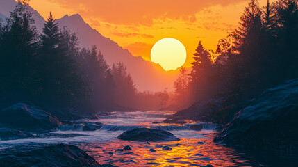 Sunset river flowing through forest with rocks, mountains in background, vibrant orange sky, peaceful and tranquil atmosphere