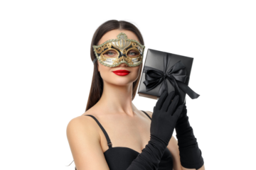 Woman in black dress with a gift box, isolated, PNG