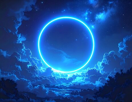 A neon blue circle in the sky, amidst fluffy clouds and stars