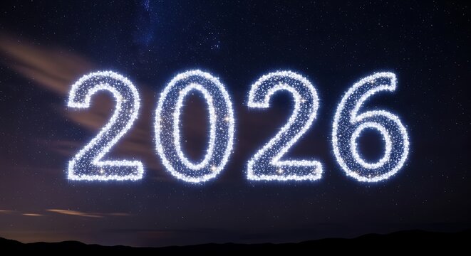 Glowing 2026 numbers illuminated against a dark starry night sky - Powered by Adobe