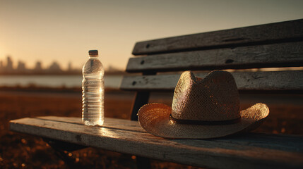 Sunset park bench hat water bottle calm sky
