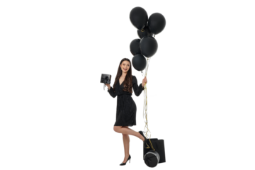 Woman in black dress holding balloons and shopping bags, isolated, PNG