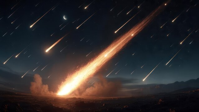Meteor shower over dark landscape with mountains