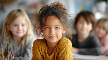 Happy multinational schoolgirl with blue eyes smiling at camera with other children in modern classroom