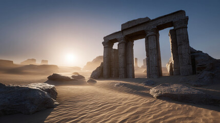 Fototapeta premium Futuristic Ruins Illuminated Beneath Desert Surface at Dawn with Sand Dunes and Ancient Structures Reflecting Warm Light