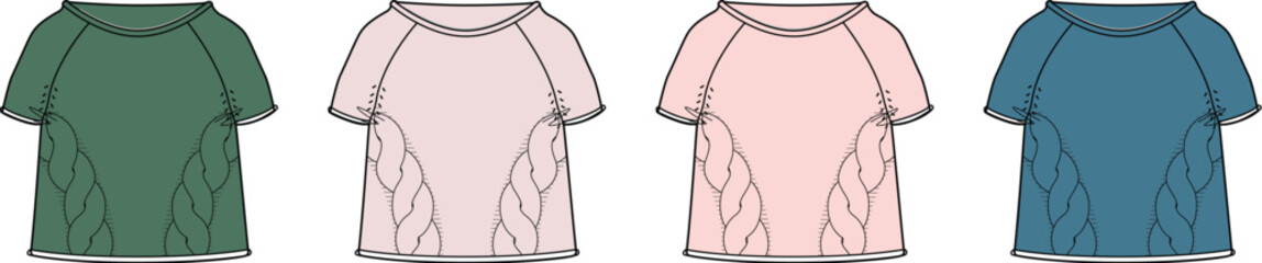 Collection of technical flat sketch illustrations featuring a unisex short-sleeve hooded anorak raincoat in four distinct color variations, perfect for fashion design and apparel pattern creation © Hasan