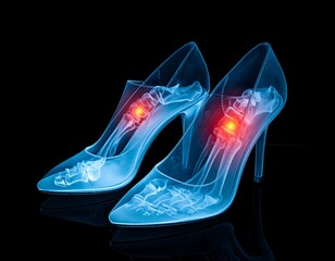 Fototapeta premium X-ray of high-heeled shoes, displaying foot bones