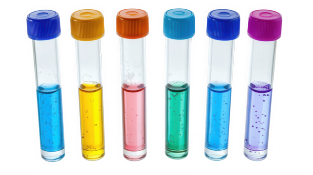 A row of six test tubes filled with different colored liquids and capped with colored lids on black on transparent background
