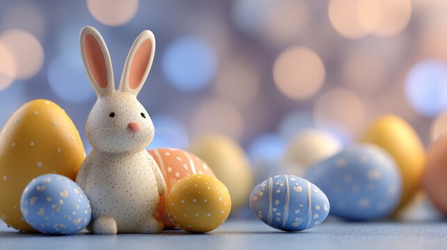 Happy easter background with colorful eggs and cute bunny in a soft abstract style featuring festive spring elements and modern holiday design for greeting cards, new year 225 celebration concepts, an