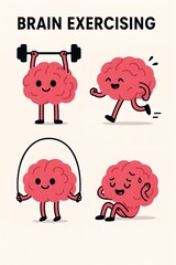 Cute cartoon brains exercising with weights, jump rope, and running for mental fitness and cognitive health poster
