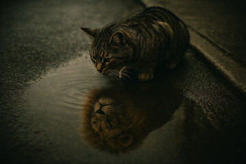 Concept for potential. Adorable kitten looking down at a puddle reflection of himself as lion. Showing confidence, leadership, inspiration, strength and courage