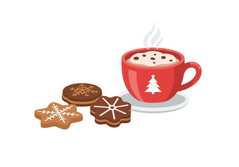 Red mug of cocoa with cookies snowflake round sandwich dark ornate Steam rises