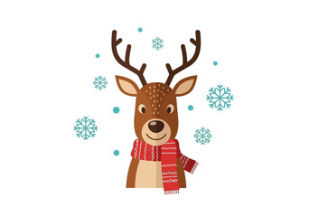 Cartoon reindeer with antlers and a red scarf amid snowflakes