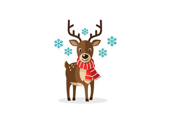 Cartoon reindeer with a red and white striped scarf stands amidst blue snowflakes