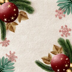 Festive Christmas Background with Ornaments, Pine Branches, and Snowflakes Design