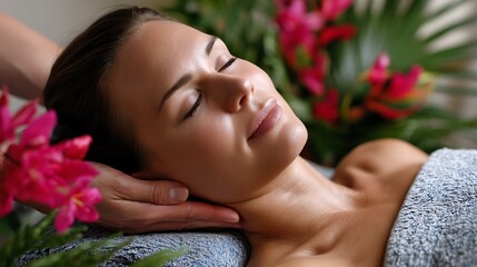 Relaxing Spa Treatment with Woman Enjoying Massage Surrounded by Vibrant Flowers