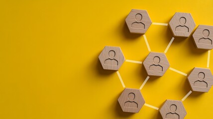 Teamwork and connectivity visualized through a network of people icons on a bright yellow background