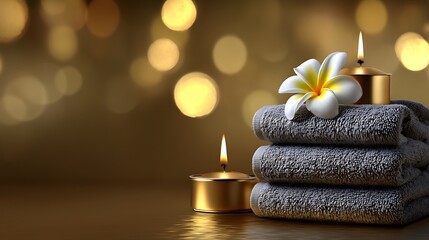 Cozy Spa Setting with Soft Towels, Candles, and a Flower on a Blurred Background