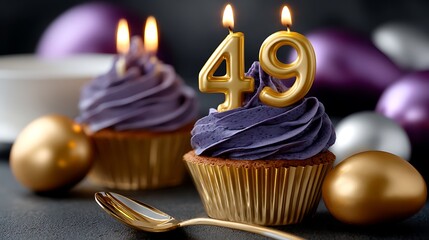 Elegant Cupcakes with Purple Frosting and Gold Number Candles for Celebration