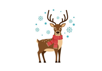 A deer wearing a red scarf stands amidst snowflakes