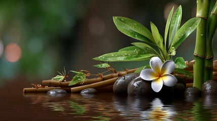 Tranquil Zen Garden Setting with Bamboo Leaves and Plumeria Flower on Water Surface