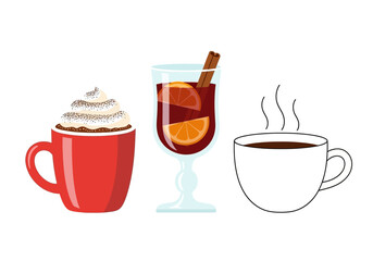 Three drinks a red mug with whipped cream mulled wine with oranges and a white cup of coffee with steam