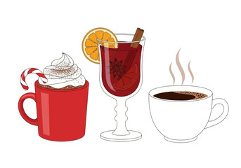 Drinks Hot chocolate with candy cane mulled wine with orange coffee in white mug with steam
