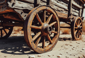 Fototapeta premium A rusty metal wagon wheel is attached to a weathered wooden cart with bolts and nails showing signs of age and use sitting on sandy ground in bright sunshine outdoors