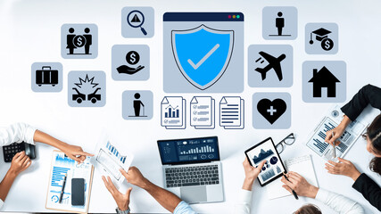 Various insurance icons like travel, health, home, and car protection connected to a central blue shield icon Parse