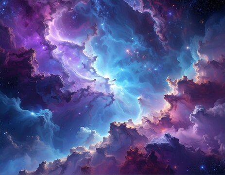 Abstract depiction of a colorful, luminous nebula in deep space