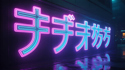 Japanese neon sign glowing with blue and pink light cyberpunk style