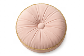 Round pink velvet tufted cushion with gold trim