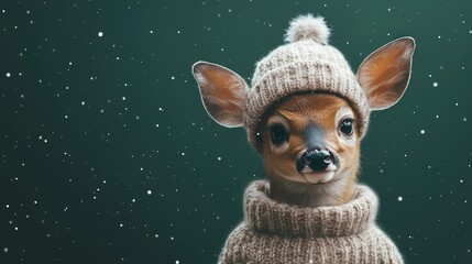 Cute deer in winter hat and sweater with snow falling christmas animal portrait holiday season art 100