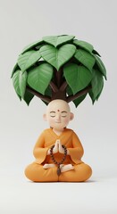 Serene Monk Figurine Meditating Under a Lush Green Tree.