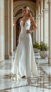 Elegant white satin gown woman blonde back view flowing train arched corridor marble floor sleek sleeveless v neck champagne eveningwear long