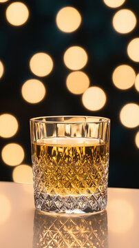 Golden whiskey in crystal glass glowing warmly against blurred bokeh lights, elegant drink on reflective surface evoking cozy festive mood