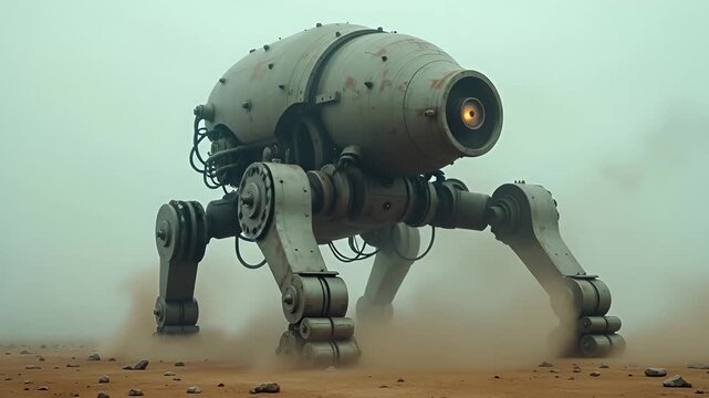 An Ancient Rusty Four Legged Robot With Glowing Orange Eye Moves Through a Dusty Rocky Desert Landscape Under a Hazy Grey Sky